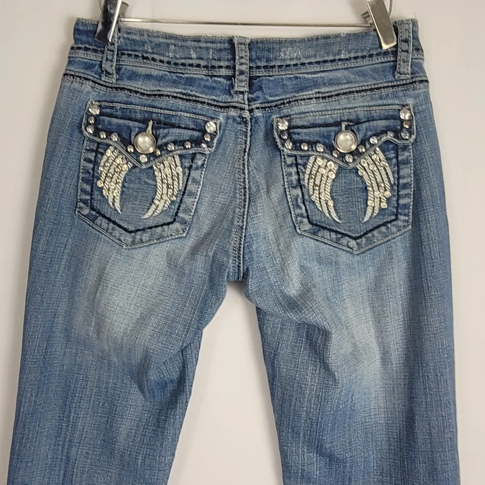 La Idol Jeans Angel Wing Embroidered Rhinestone Bling Size 3